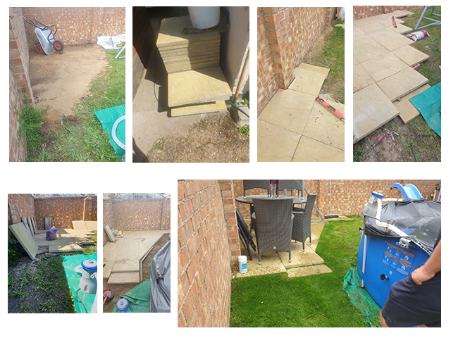 Corner patio with steps.  Sandtone riven with returf edging.